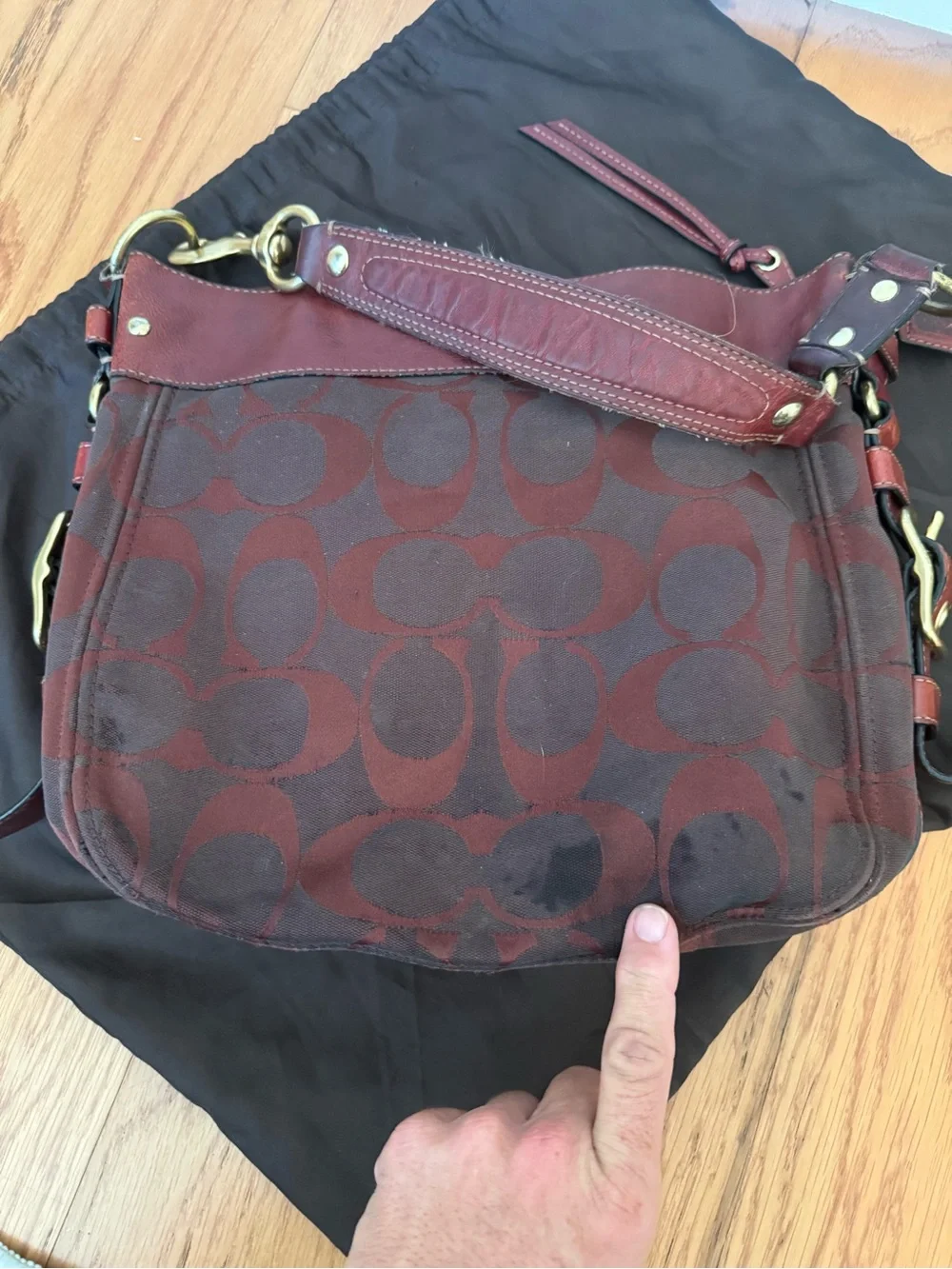 COACH Zoe Signature Burgundy Signature Canvas Shoulder Bag with Leather Trim